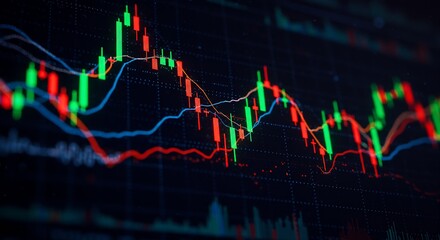 Financial stock market candlestick chart with data analysis on a dark digital screen