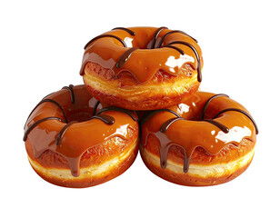 Three caramel-glazed donuts stacked, dripping with caramel and chocolate
