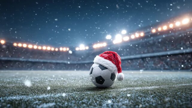 A soccer ball wearing a Santa hat rests on a snowy field under stadium lights during the Christmas season. The atmosphere is festive and joyful for fans and players alike