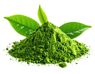 Pile of green matcha powder with fresh tea leaves