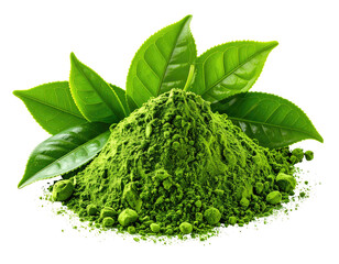 Fresh green tea powder with vibrant leaves