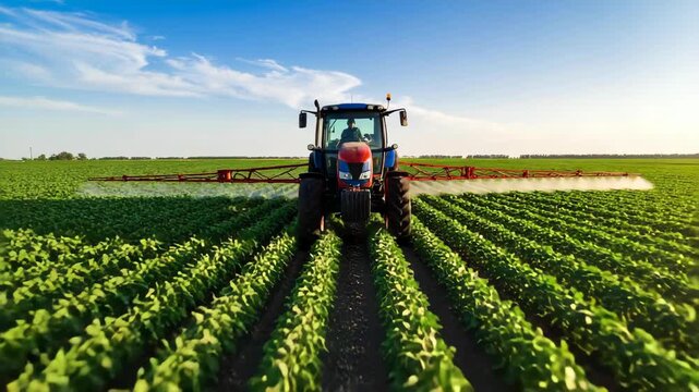 Spraying crops in farm fields with tractor. Applying pesticides, herbicides, insecticide for plant protection during spring time, against blue sky.
