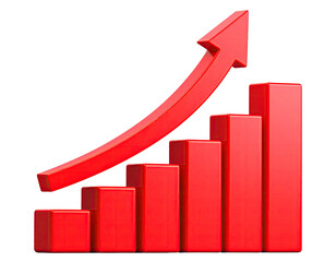Red 3D bar graph with an upward trending arrow