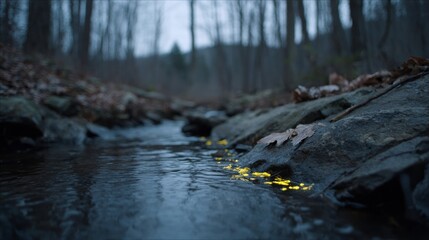 Obraz premium Rustic twilight scene, enchanted brook shimmering with golden leaves, whispers Samhain mystery, natures luminescent tapestry in autumn woods