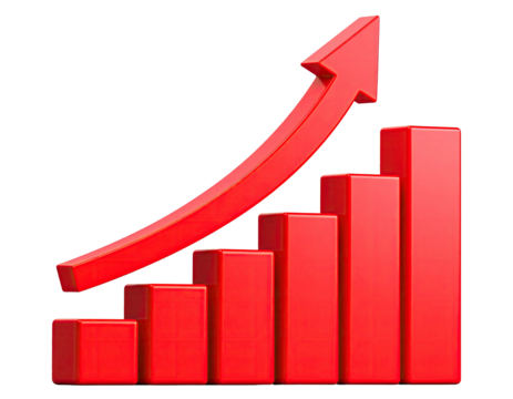 Red 3D bar graph with an upward trending arrow