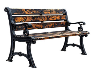 Aged wooden park bench with ornate metal legs