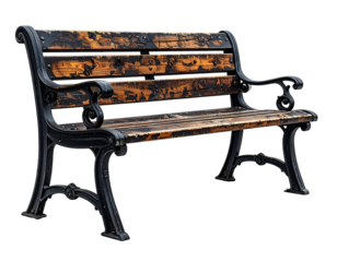 Aged wooden park bench with ornate metal legs