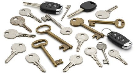 Naklejka premium Diverse assortment of keys isolated on white background, representing security, access, and unlocking potential in a simple yet essential manner