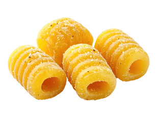 Close-up of three golden pasta shapes,  spiral-ridged, with a slightly rough texture and a hollow center, lightly dusted with pepper