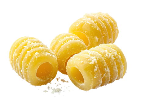 Close-up of several pasta shapes, light yellow, with ridges and holes, some sliced in half, scattered with a fine, light topping