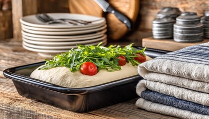 Fresh bread loaf, ready for baking, topped with herbs and cherry tomatoes in a baking pan