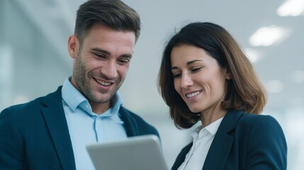 Fototapeta premium Two professionals, Caucasian male and female, strategize over a tablet, embodying synergy and purpose on International Programmers' Day