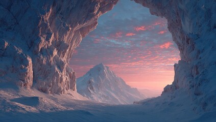 Snowy mountain vista through icy cave archway at dawn