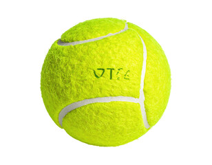 A bright yellow tennis ball, slightly textured, with white sections around the seams, and a small, dark green marking on the surface