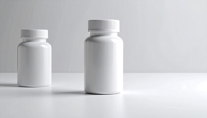 Two blank white pill bottles on a white surface