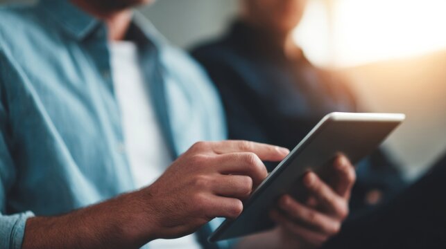 Two men, one Caucasian, one ambiguous, engrossed with digital tablet glow, embodying Digital Detox Day's ironic embrace