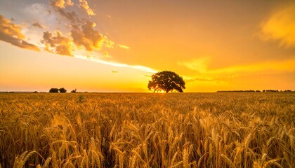 Golden wheat field with tree at sunset, rural landscape nature background