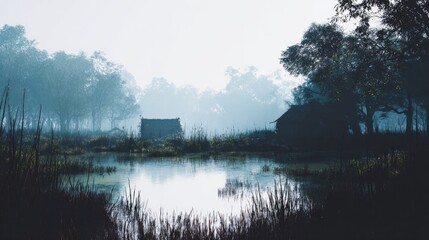 Silent mist drapes over tranquil swamp cabins, evoking All Souls' Day contemplation and Lunar New Year serenity