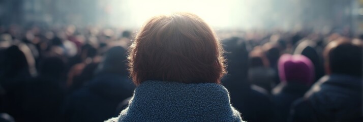 Red-haired figure in winter haze, alone in a crowd, symbolizes Samhain introspection and Dia de los Muertos mysteries