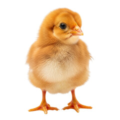 Adorable fluffy yellow chick standing against a white background