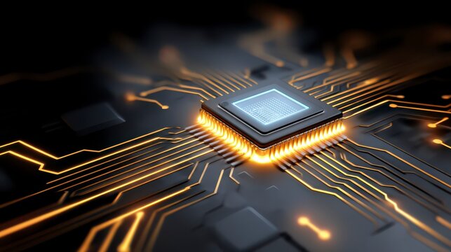 Technological Essence: A close-up shot of a sophisticated central processing unit, showcasing its intricate circuitry and glowing pathways that are aglow.