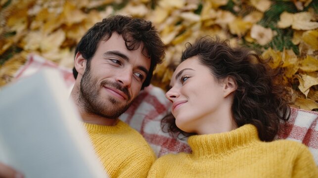 A cozy autumnal romance between smiling Caucasian couple, golden leaves, sharing dreams, World Kindness Day, hygge vibes