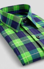 Close-up of vibrant lime-green and navy plaid shirt