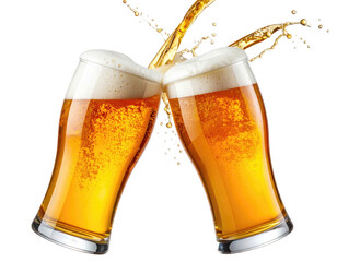 Two beer glasses clinking, frothy beer splashes