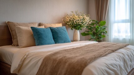 Fototapeta premium Cozy sanctuary with plush pillows, evoking Hygge vibes for World Sleep Day, accented by verdant foliage and calming tones