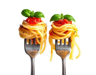 Two forks holding nests of spaghetti topped with tomato sauce and basil