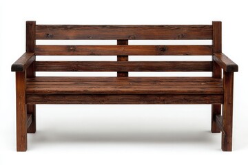 Rustic wooden park bench with a weathered finish and natural grain texture on a white background