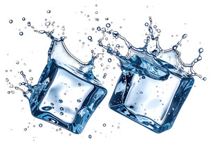 Two ice cubes with water splashes
