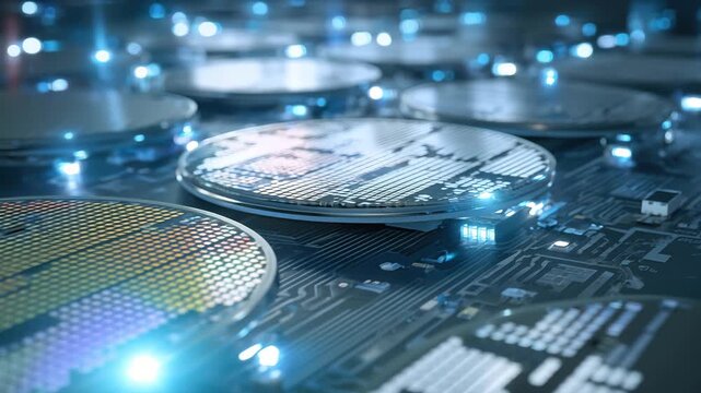 Multiple semiconductor wafers are displayed on a circuit board with glowing lights at a technology facility. The intricate design and lighting highlight advanced tech in action