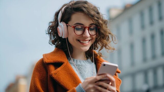 In a vibrant urban environment, a young woman with curly hair enjoys her favorite music while holding her phone. She wears stylish headphones and smiles appreciatively at the moment