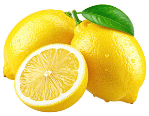 Fresh lemons, whole and sliced, bright yellow, with green leaves, wet with water droplets