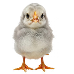 Adorable fluffy grey chick with bright orange feet stands looking forward