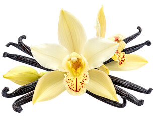 Vanilla orchid close-up with pods