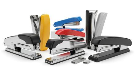 A group of colorful staplers and staples isolated on white background, perfect for office, school, or home use, showcasing variety and functionality