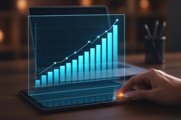 Finger touching digital tablet screen with glowing 3D analytics chart showing rising business growth

