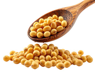 Wooden spoon filled with soybeans, some spilling out