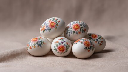 Floral-adorned eggs, embodying vibrant Slavic Easter traditions, Pysanka artistry, and whimsical springtime celebrations on beige fabric