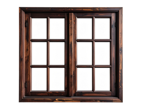 Wooden double-hung window, rustic style, with a grid of panes