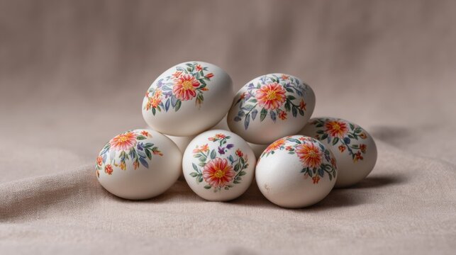 Floral-adorned eggs, embodying vibrant Slavic Easter traditions, Pysanka artistry, and whimsical springtime celebrations on beige fabric