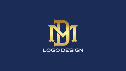 Obraz premium Creative DM monogram logo in gold style on dark blue background, designed for premium branding, modern corporate identity, luxury business logos, and elegant marketing visuals.