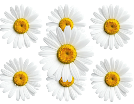 Eight white daisies with yellow centers arranged in a clustered pattern against a black background
