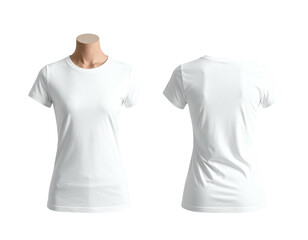 Blank white women's t-shirt, front and back views, displayed on a mannequin
