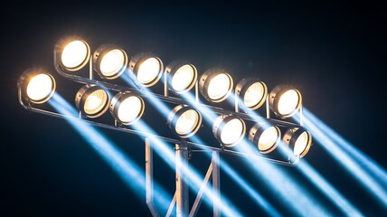 Bright stadium lights illuminating a dark night sky with dramatic beams.