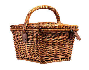 Square wicker picnic basket with a brown handle