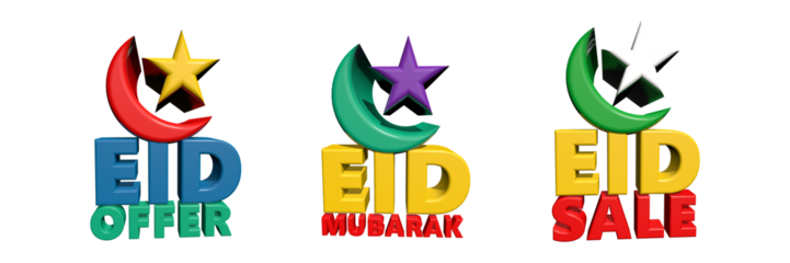 Colorful eid offer sale and mubarak designs with crescent moon and star
