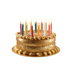 Sparkling golden birthday cake ablaze with colorful lit candles ready to celebrate any joyous occasion and create unforgettable memories with loved ones